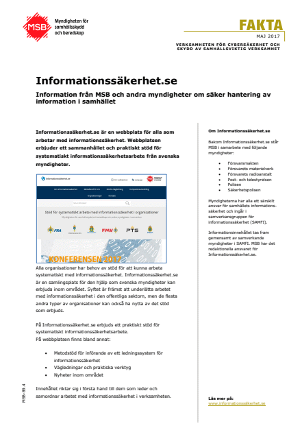 Omslagsbild för  Informationssäkerhet.se : information från MSB och andra myndigheter om säker hantering av information i samhället