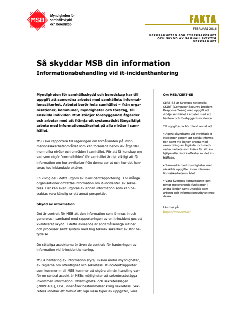 Omslagsbild för  Så skyddar MSB din information : informationsbehandling vid it-incidenthantering