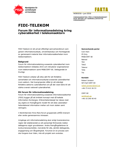 Omslagsbild för  FIDI-TELEKOM : Forum för informationsdelning kring cybersäkerhet i telekomsektorn