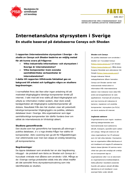 Omslagsbild för  Internetanslutna styrsystem i Sverige : en studie baserad på databaserna Censys och Shodan