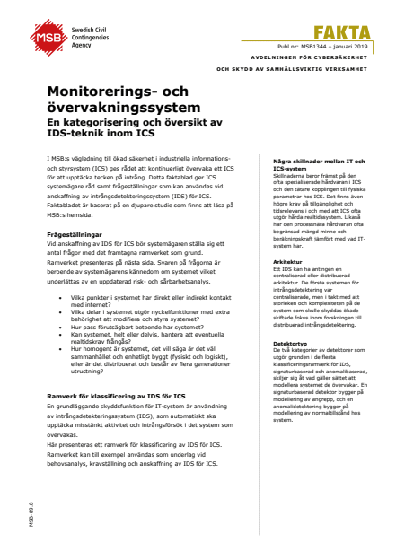Omslagsbild för  Monitorerings- och övervakningssystem: en kategorisering och översikt av IDS-teknik inom ICS