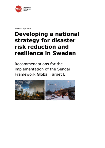 Omslagsbild för  Developing a national strategy for disaster risk reduction and resilience in Sweden : recommendations for the implementation of the Sendai Framework Global Target E