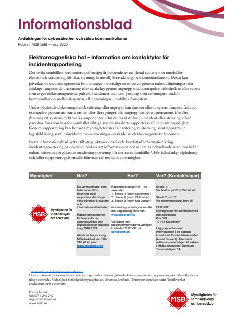 Omslagsbild för  Elektromagnetiska hot – Information om kontaktytor för incidentrapportering