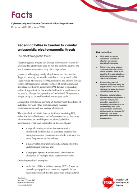 Omslagsbild för  Recent activities in Sweden to counter antagonistic electromagnetic threats : The electromagnetic threat