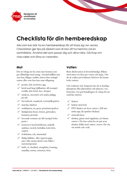 Omslagsbild för  Checklista för din hemberedskap