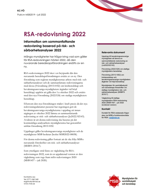 Omslagsbild för  RSA-redovisning 2022 : Information om sammanfattande redovisning baserad på risk- och sårbarhetsanalyser 2022
