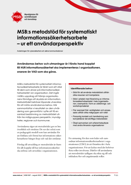 Omslagsbild för  MSB:s metodstöd för systematiskt informationssäkerhetsarbete - ur ett användarperspektiv