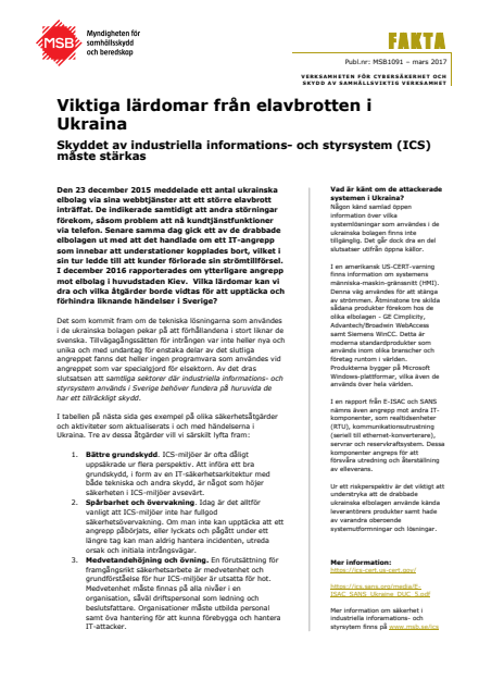 Viktiga lärdomar från elavbrotten i Ukraina : skyddet av industriella informations- och styrsystem (ICS) måste stärkas