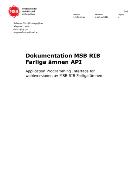 Dokumentation MSB RIB Farliga ämnen API : Application Programming Interface för webbversionen av MSB RIB Farliga ämnen