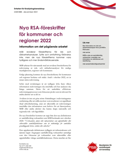 Nya RSA-föreskrifter för kommuner och regioner 2022 : information om det pågående arbetet