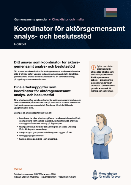 Omslagsbild för  Gemensamma grunder - aktörsgemensamma arbetssätt - checklistor - Rollkort: Koordinator för analys- och beslutsstöd