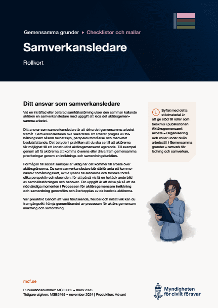 Omslagsbild för  Gemensamma grunder - checklistor och mallar - aktörsgemensam inriktning och samordning - Rollkort: Samverkansledare