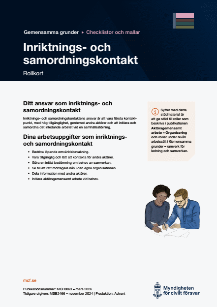 Omslagsbild för  Gemensamma grunder - checklistor och mallar - aktörsgemensam inriktning och samordning - Rollkort: Inriktnings- och samordningskontakt