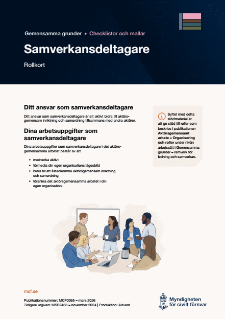 Omslagsbild för  Gemensamma grunder - checklistor och mallar - aktörsgemensam inriktning och samordning - Rollkort: Samverkansdeltagare