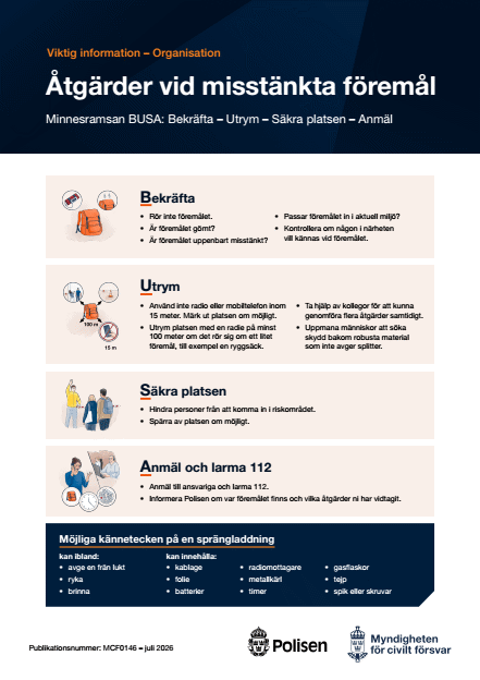 Omslagsbild för  Åtgärder vid misstänkta föremål : Viktig information – Organisation